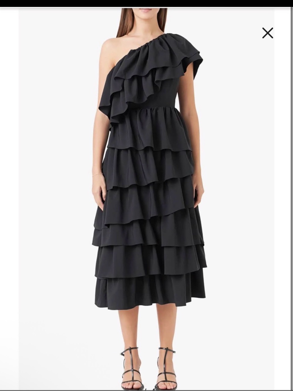 One-Shoulder Black Ruffle Tiered Ruffle Midi DressEndless Rose Medium